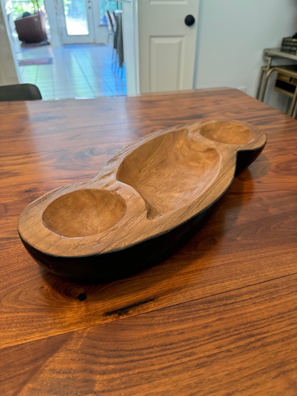 Hand-Carved Wooden Three-section Rustic Serving Tray Bowl Brown and Black 17.5”